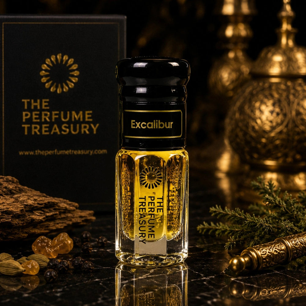 Excalibur attar perfume oil by The Perfume Treasury displayed in a luxurious setting with oud wood, cardamom, juniper berries and aromatic evergreens, reflecting the fragrance's noble woody, spicy and resinous character.