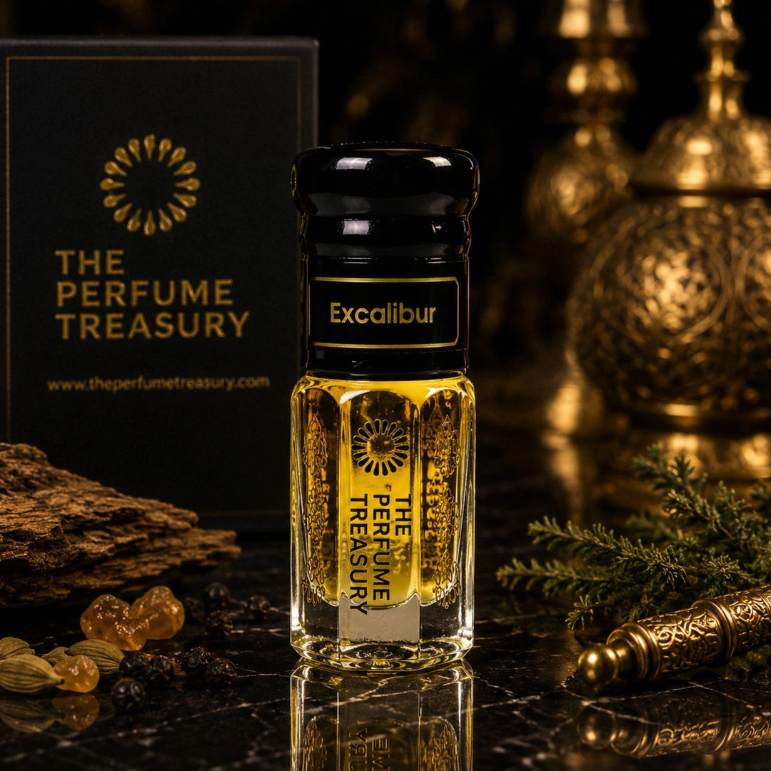 Excalibur attar perfume oil by The Perfume Treasury displayed in a luxurious setting with oud wood, cardamom, juniper berries and aromatic evergreens, reflecting the fragrance&