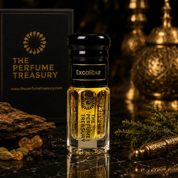 Excalibur attar perfume oil by The Perfume Treasury displayed in a luxurious setting with oud wood, cardamom, juniper berries and aromatic evergreens, reflecting the fragrance&