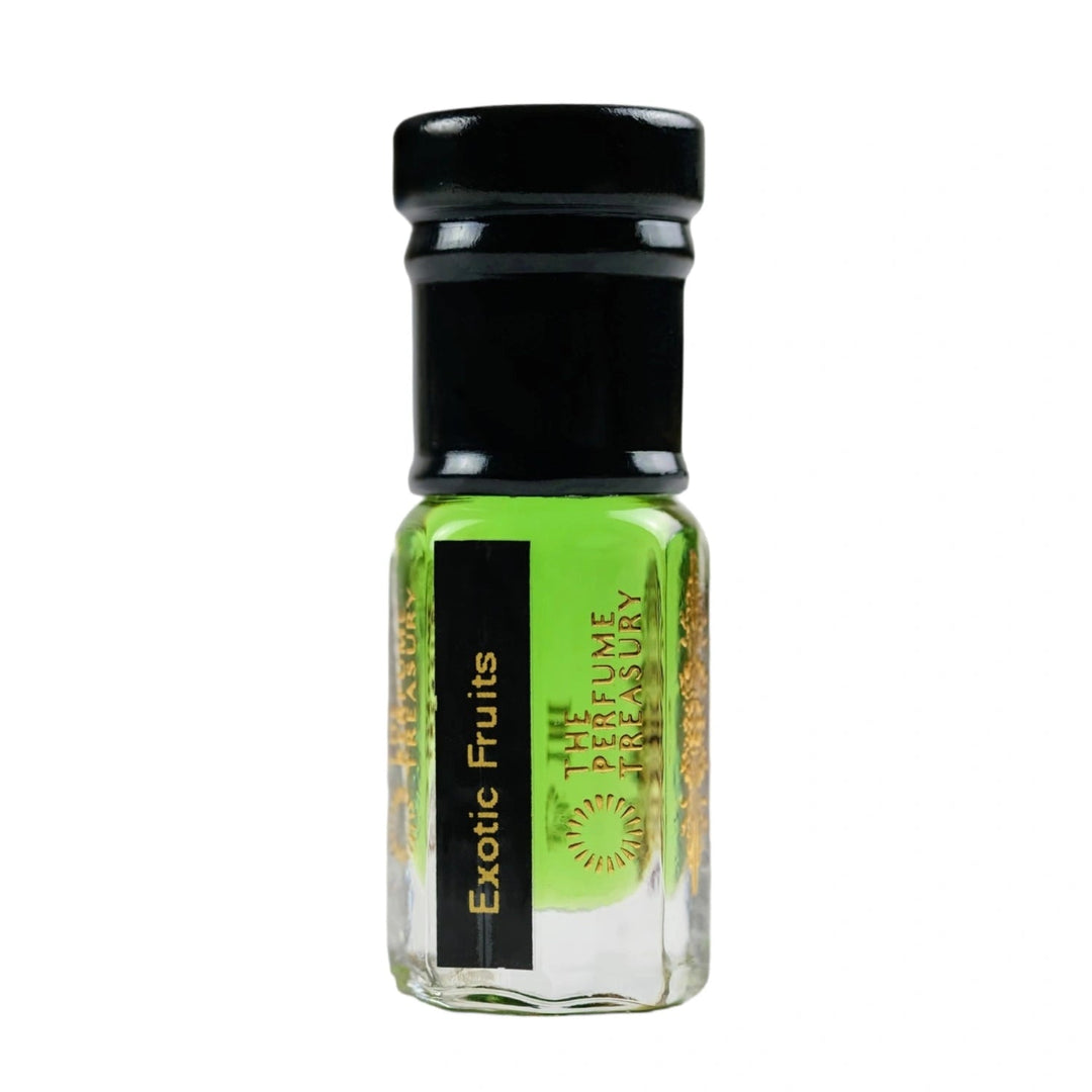 Exotic Fruits attar perfume oil by The Perfume Treasury displayed in a luxury clear glass bottle with black cap and vibrant green fragrance oil on a white background for ecommerce product photography.