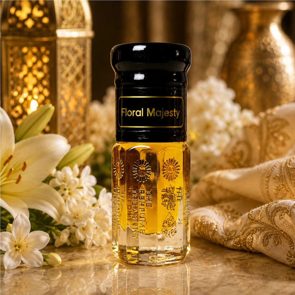Floral Majesty attar perfume oil by The Perfume Treasury displayed in an elegant golden floral setting with white lilies, soft blossoms and luxurious decorative accents.