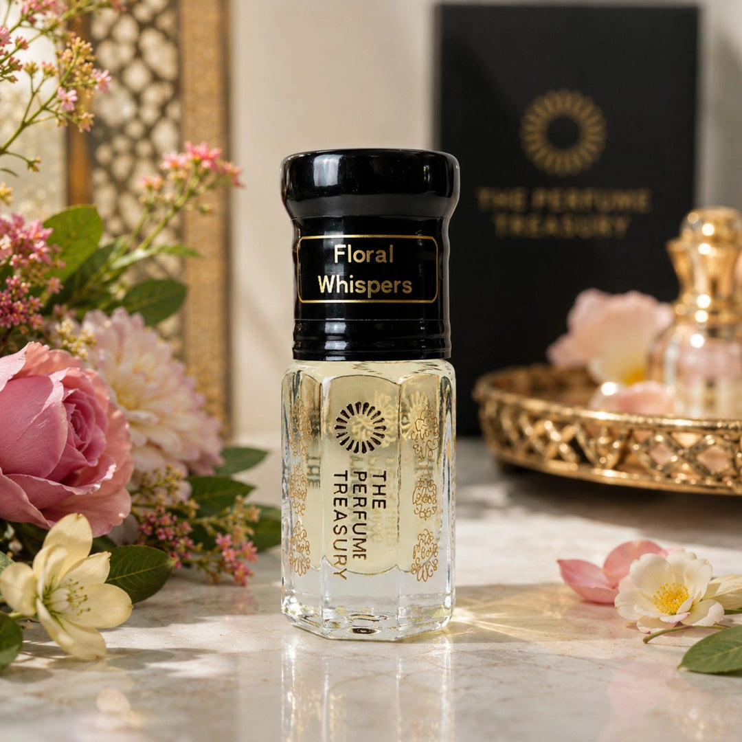 Floral Whispers attar perfume oil by The Perfume Treasury displayed in an elegant floral setting with pink roses, delicate blossoms and luxurious gold accents.