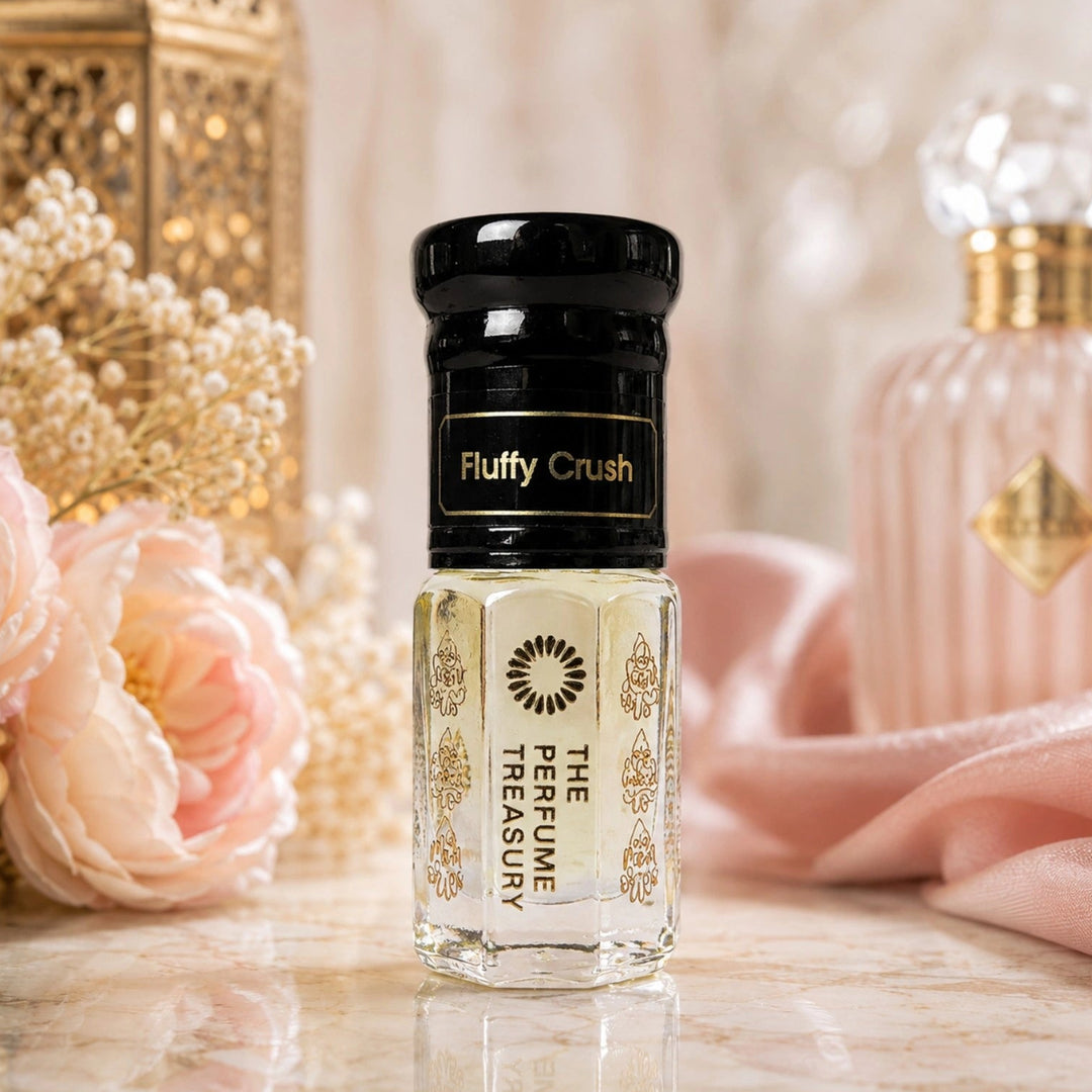 Fluffy Crush attar perfume oil by The Perfume Treasury displayed in a soft feminine setting with blush pink flowers, delicate fabric and luxurious gold accents.