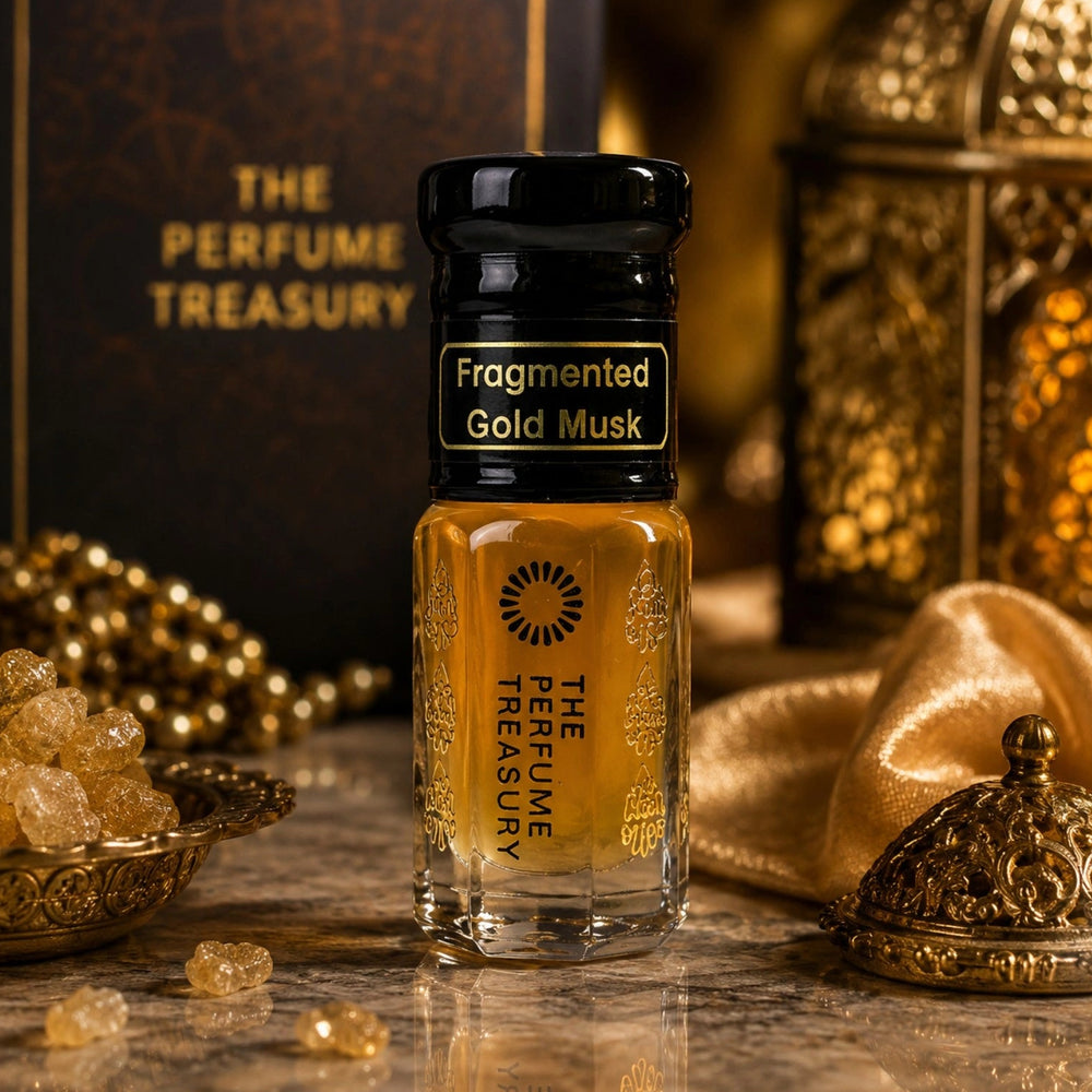Fragmented Gold Musk Tahara perfume oil hero lifestyle image featuring a luxurious amber floral musk fragrance oil surrounded by golden resins, elegant gold accents and warm ambient lighting, showcasing rich rose, amber, vanilla and resinous notes by The Perfume Treasury.