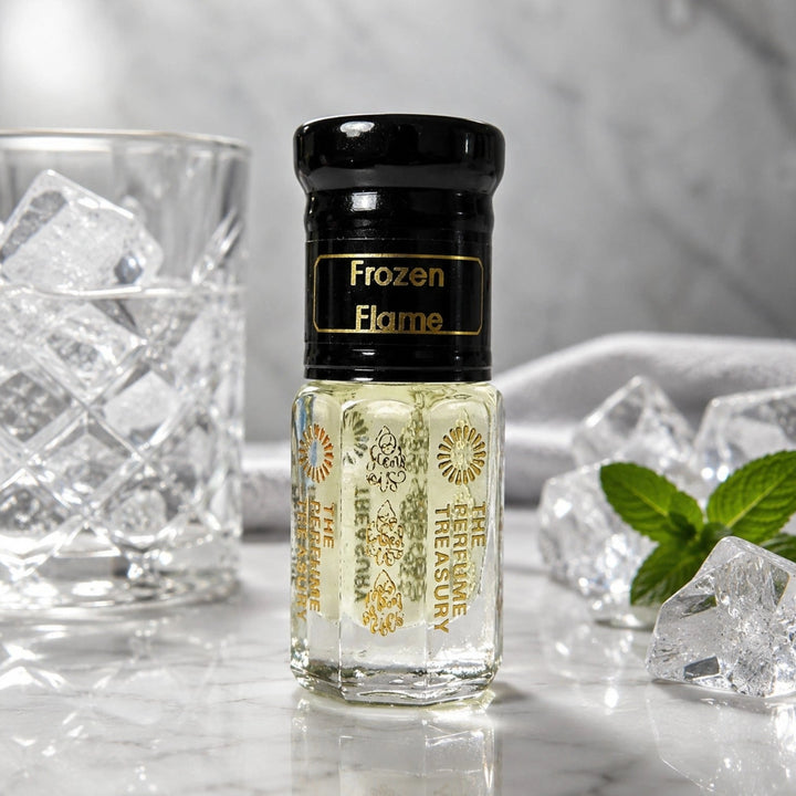 Frozen Flame attar perfume oil by The Perfume Treasury displayed with crystal ice cubes, fresh mint leaves and a cool marble backdrop, reflecting a fresh aromatic fragrance.