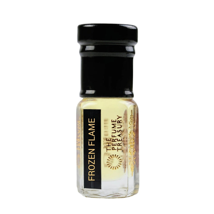 Frozen Flame attar perfume oil by The Perfume Treasury in a clear glass bottle with pale golden fragrance oil, black cap and luxury gold branding.