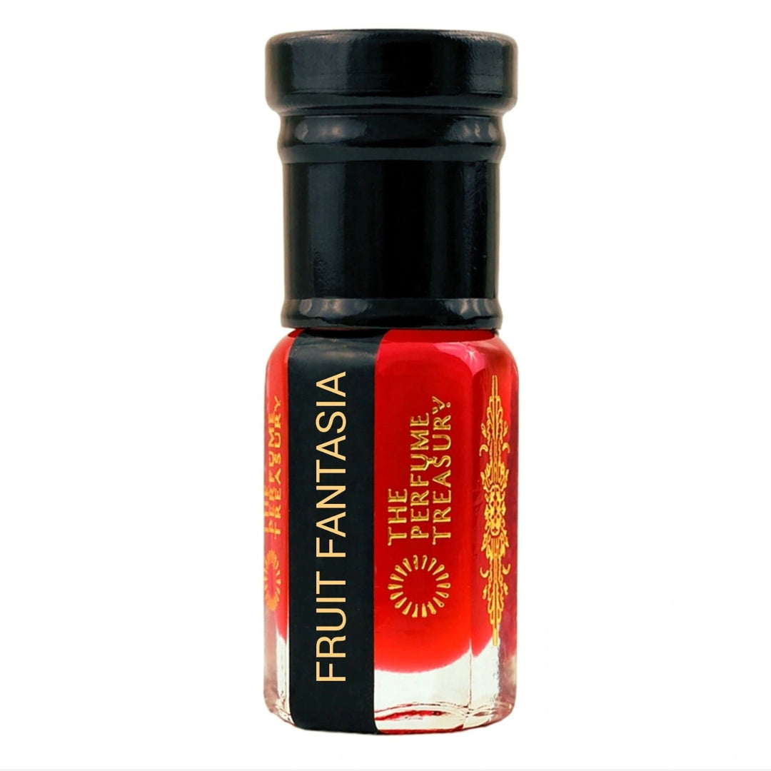 Fruit Fantasia Musk Tahara perfume oil bottle by The Perfume Treasury with vibrant red fruity musk oil on a clean white background