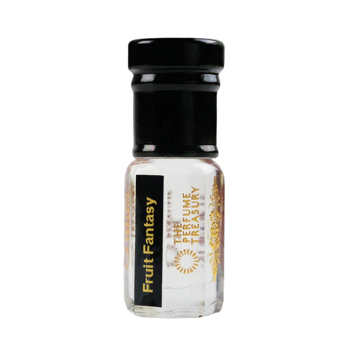 Fruit Fantasy attar perfume oil by The Perfume Treasury in a clear glass bottle with transparent fragrance oil, black cap and luxury gold branding.