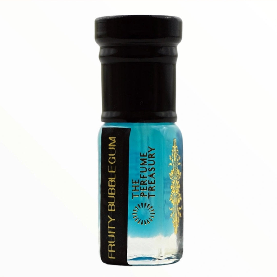 Fruity Bubblegum attar perfume oil 3ml by The Perfume Treasury with bright blue fragrance oil in clear glass bottle and black cap on white background.