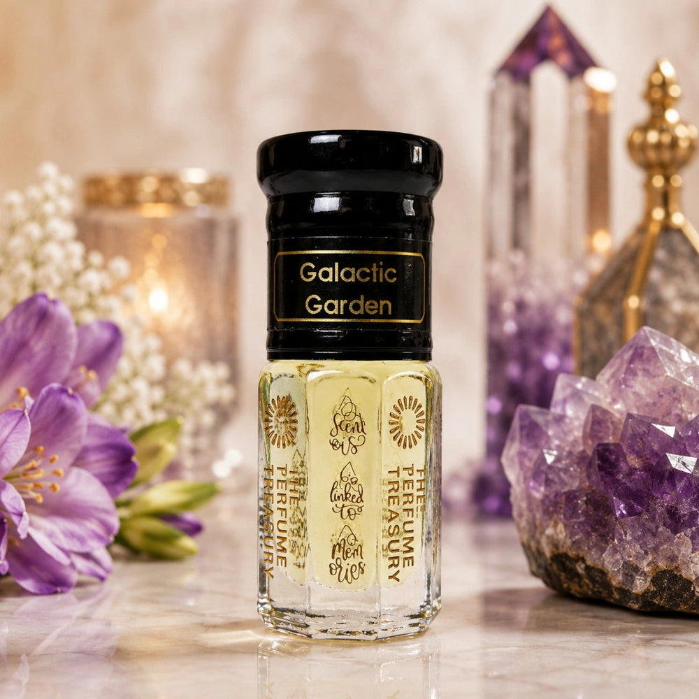 Galactic Garden attar perfume oil by The Perfume Treasury displayed with purple flowers, amethyst crystals and elegant décor, creating a luxurious floral oriental atmosphere.