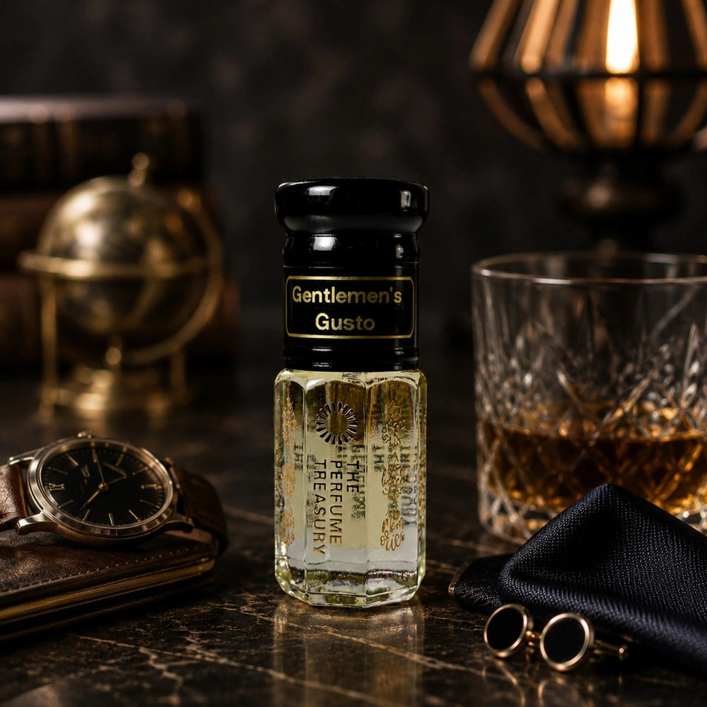 Gentlemen's Gusto attar perfume oil by The Perfume Treasury displayed with a luxury watch, whisky glass, cufflinks and leather accessories, creating a refined masculine atmosphere.