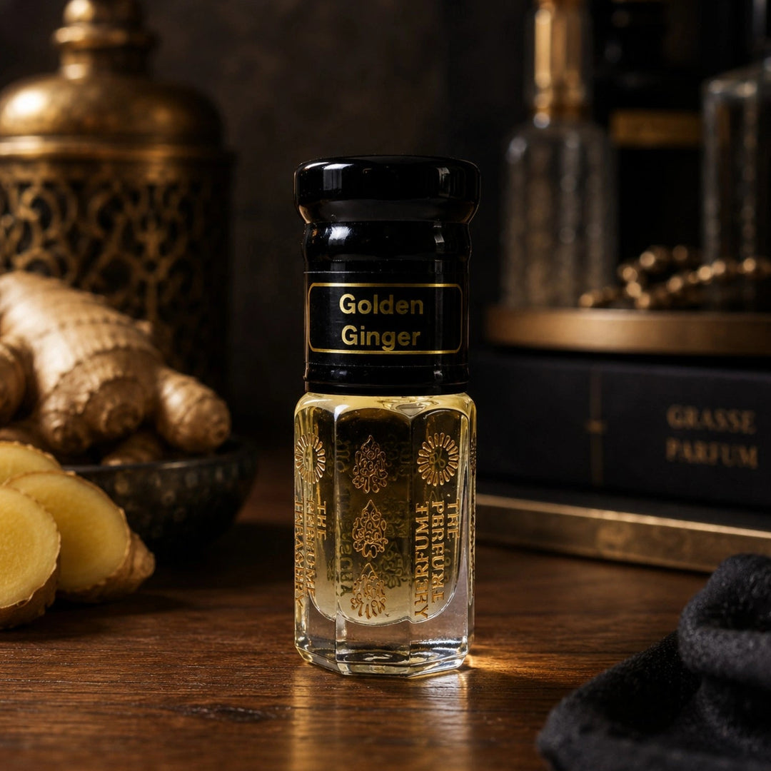 Golden Ginger Attar Perfume Oil inspired by Goldfield &amp; Banks Ingenious Ginger displayed with fresh ginger root in a luxurious setting, highlighting its vibrant spicy citrus fragrance.