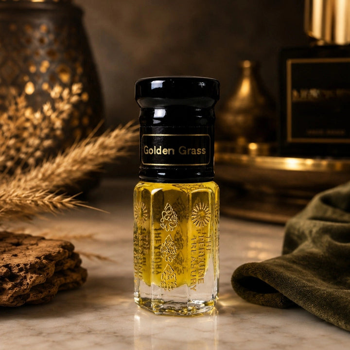 Golden Grass Attar Perfume Oil inspired by Nishane Sultan Vetiver displayed in a luxurious woody setting reflecting its earthy vetiver fragrance.