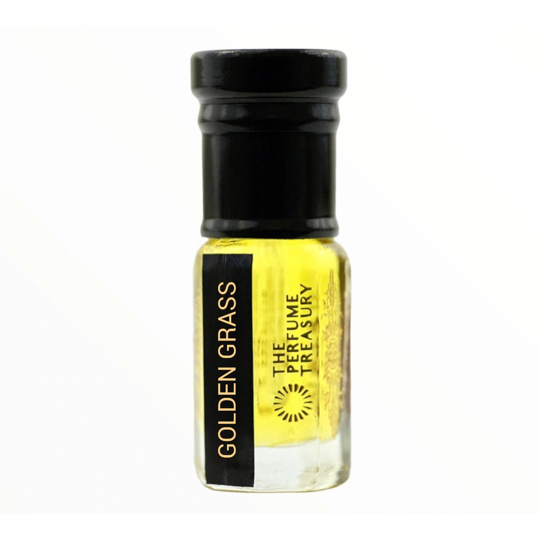 Golden Grass Attar Perfume Oil inspired by Nishane Sultan Vetiver on a white background with premium roll-on perfume oil bottle.