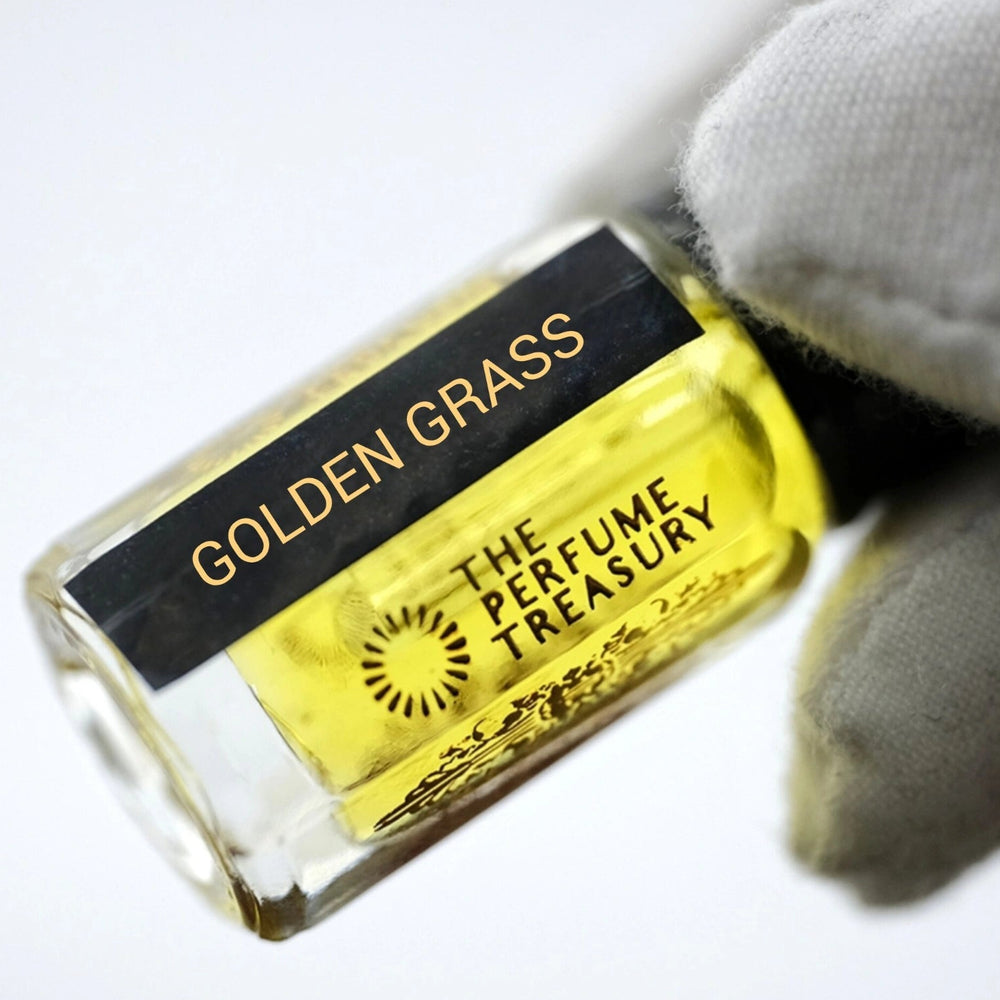 Close-up of the Golden Grass perfume oil bottle inspired by Sultan Vetiver highlighting the premium bottle and label.