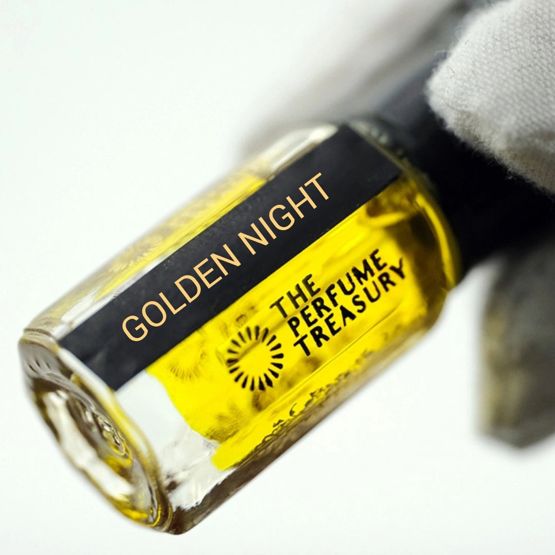 Close-up of Golden Night Attar Perfume Oil inspired by Maison Francis Kurkdjian Grand Soir showing the premium bottle and label.