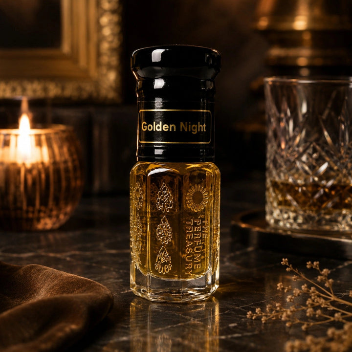 A bottle of Golden Night Perfume Oil stands on a dark marble surface, surrounded by warm, atmospheric props including a lit candle, a cut crystal glass, and dried flowers. The product features a black cap and label with gold lettering, and the clear glass bottle reveals the golden liquid inside.