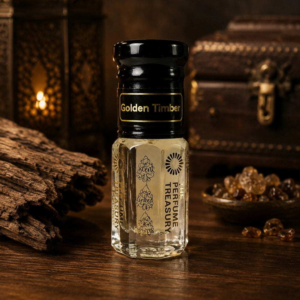 Small glass bottle of Golden Timber Attar Perfume Oil by The Perfume Treasury, inspired by Ajmal Amber Wood, displayed on a wooden surface beside aged timber, amber resin and a decorative lantern in a warm luxury setting.