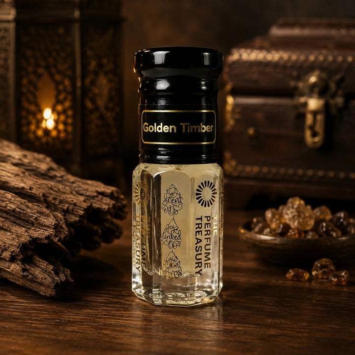 Small glass bottle of Golden Timber Attar Perfume Oil by The Perfume Treasury, inspired by Ajmal Amber Wood, displayed on a wooden surface beside aged timber, amber resin and a decorative lantern in a warm luxury setting.