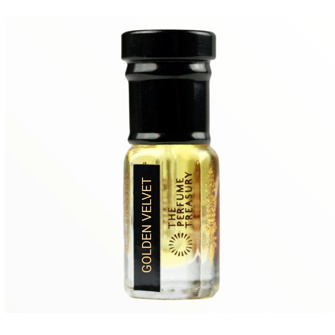 Small perfume bottle with black cap, Golden Velvet Attar Perfume Oil by The Perfume Treasury, 3ml attar format on a clean white background.