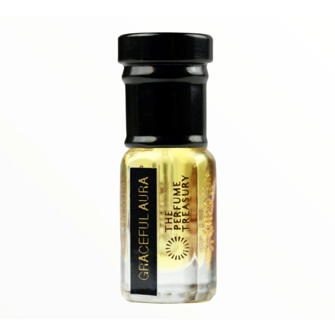 Small perfume bottle with black cap, Graceful Aura Attar Perfume Oil by The Perfume Treasury, 3ml attar format on a clean white background.