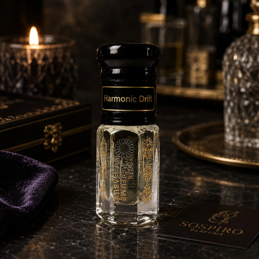 Harmonic Drift Attar Perfume Oil by The Perfume Treasury displayed on a marble vanity with candlelight, luxury fragrance accessories and elegant décor.