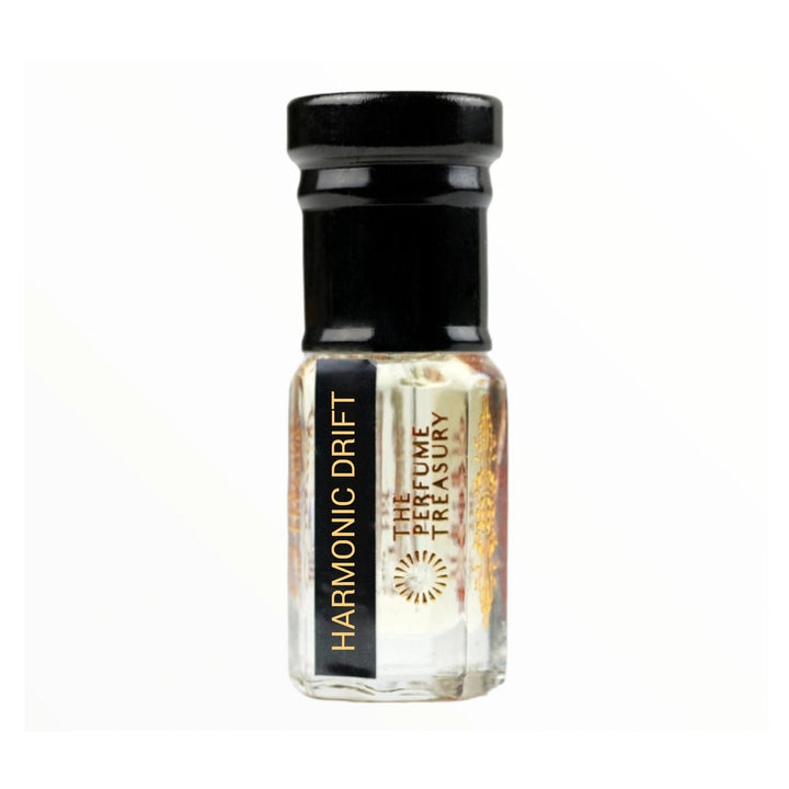 Small perfume bottle with black cap, Harmonic Drift Attar Perfume Oil by The Perfume Treasury, 3ml attar format on a clean white background.