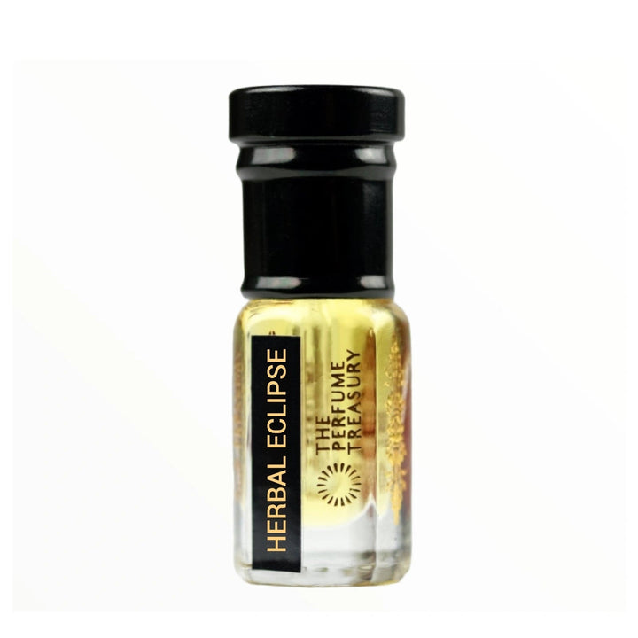 Small perfume bottle with black cap, Herbal Eclipse Attar Perfume Oil by The Perfume Treasury, 3ml attar format on a clean white background.