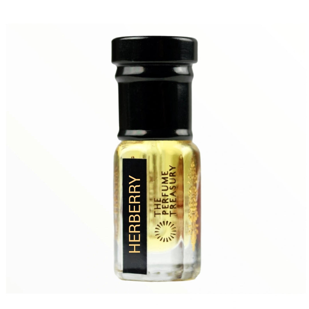 Small perfume bottle with black cap, Herberry Attar Perfume Oil by The Perfume Treasury, 3ml attar format on a clean white background.