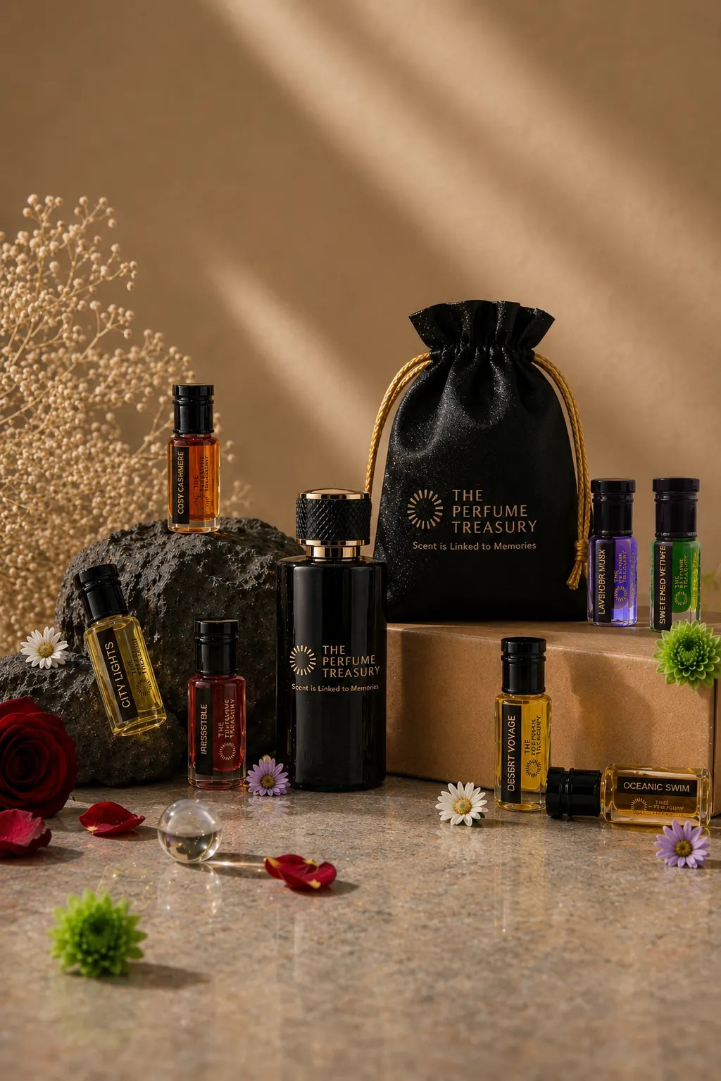 The Perfume Treasury spray perfume with gift pouch and perfume oils styled with dried flowers and a rose on beige