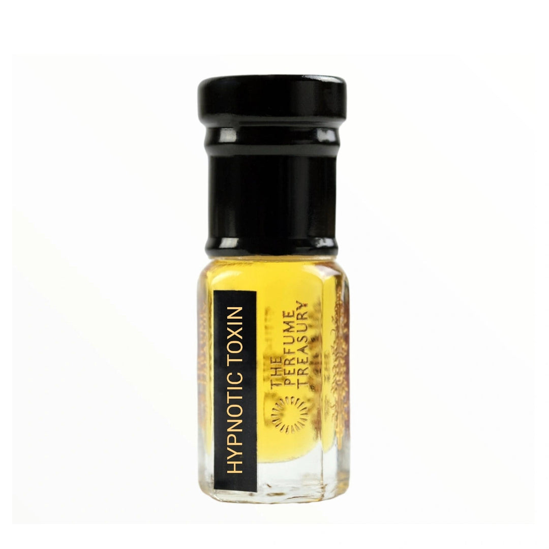 Small perfume bottle with black cap, Hypnotic Toxin Attar Perfume Oil by The Perfume Treasury, 3ml attar format on a clean white background.