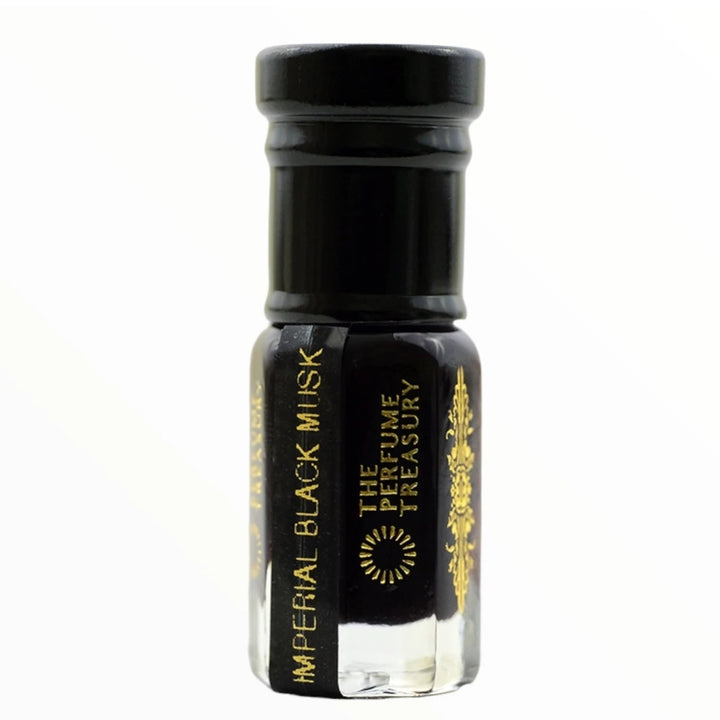 Imperial Black Musk Tahara perfume oil bottle by The Perfume Treasury with deep dark black musk oil on a clean white background.