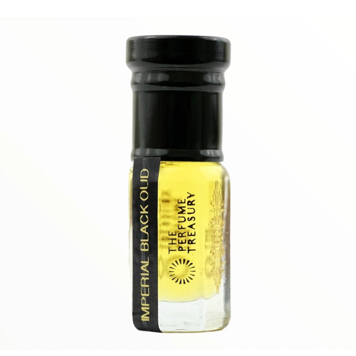 Small perfume bottle with black cap, Imperial Black Oud Attar Perfume Oil by The Perfume Treasury, 3ml attar format on a clean white background.
