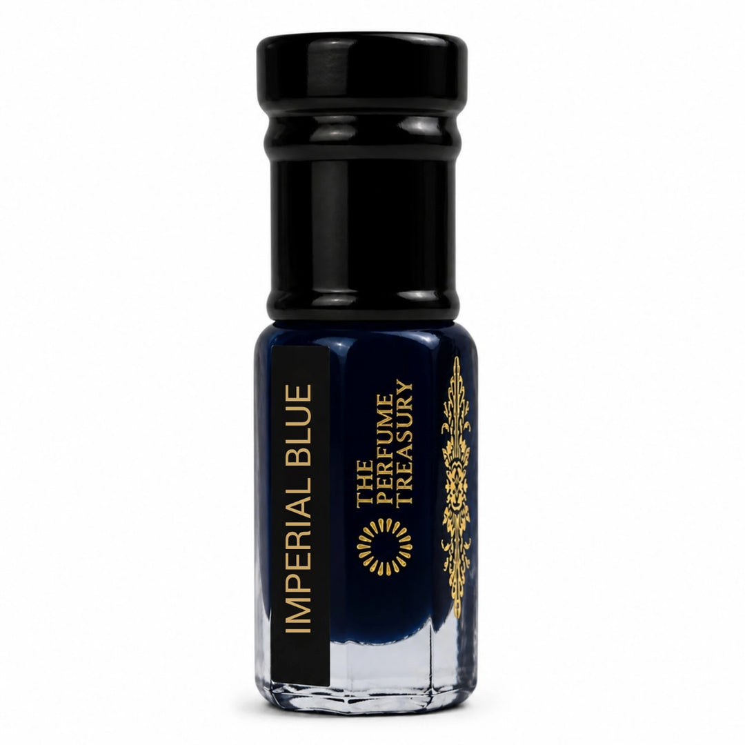 Imperial Blue perfume oil 3ml bottle with deep navy blue liquid and luxury gold detailing.