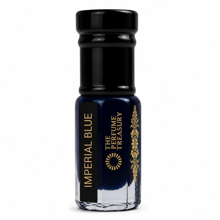 Imperial Blue perfume oil 3ml bottle with deep navy blue liquid and luxury gold detailing.