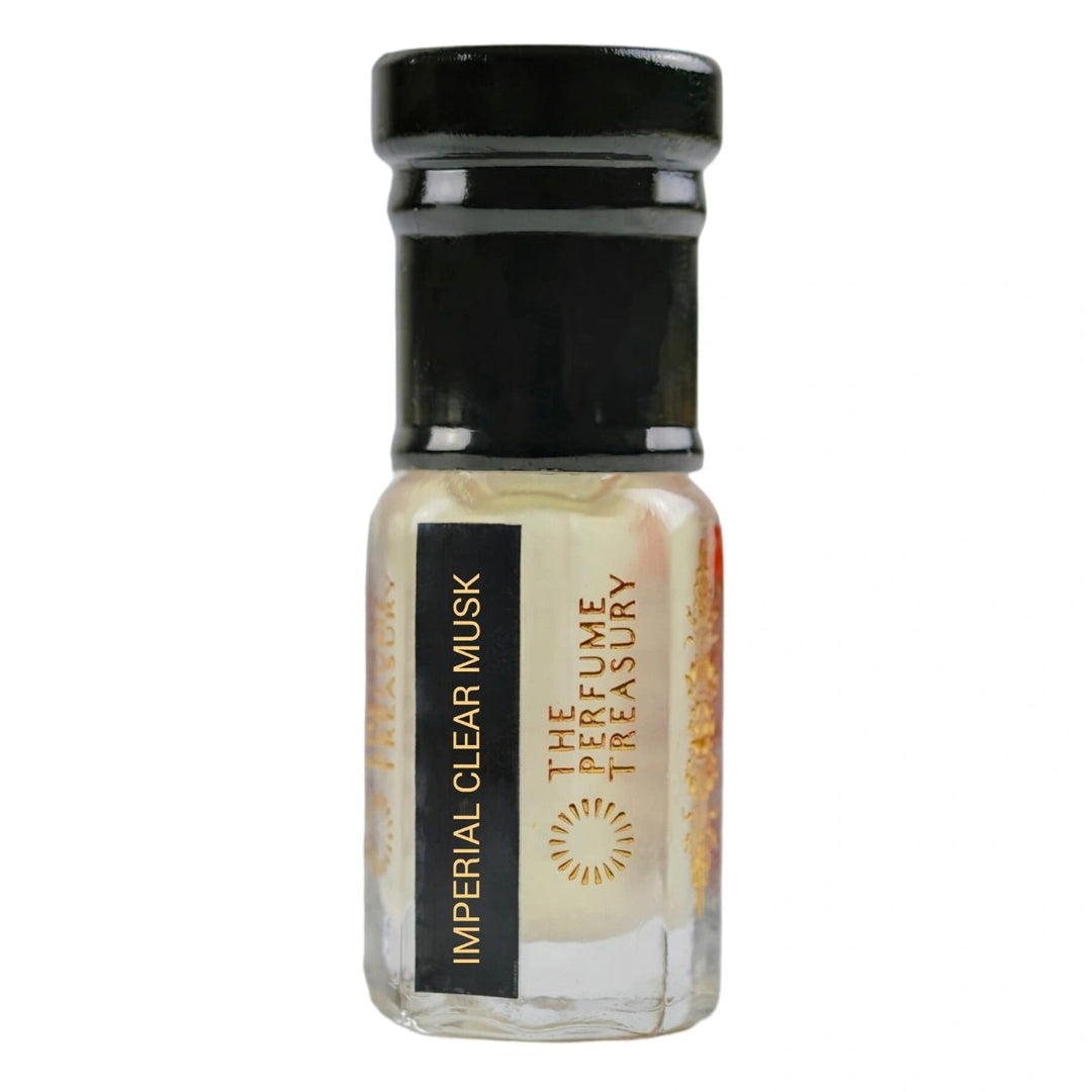 Imperial Clear Musk Tahara perfume oil bottle by The Perfume Treasury with smooth creamy white musk oil on a clean white background.