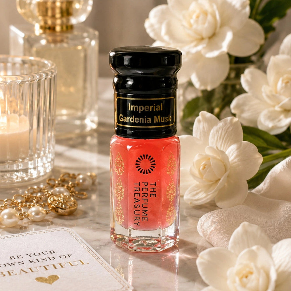 Imperial Gardenia Musk tahara perfume oil with creamy white gardenia flowers, pearls and soft feminine luxury décor.