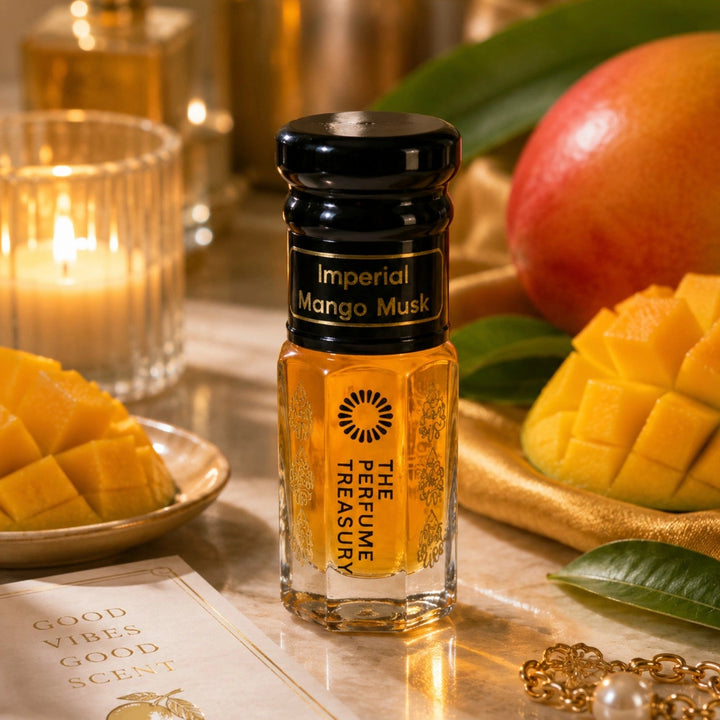 Imperial Mango Musk tahara perfume oil with fresh sliced mangoes and warm tropical luxury fragrance styling.