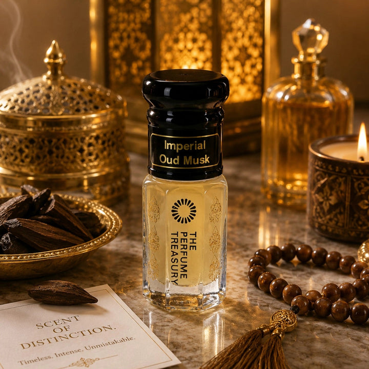 Imperial Oud Musk tahara perfume oil with oud wood chips, Arabian lanterns and rich oriental luxury aesthetic.