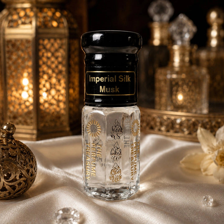 Imperial Silk Musk Attar Perfume Oil by The Perfume Treasury displayed on elegant white satin with ornate lanterns, crystal perfume bottles and soft floral accents, creating a luxurious musk fragrance setting.