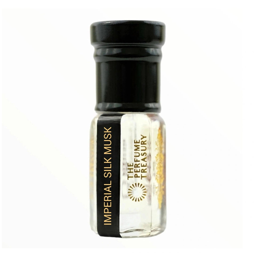 Small perfume bottle with black cap, Imperial Silk Musk Attar Perfume Oil by The Perfume Treasury, 3ml attar format on a clean white background.