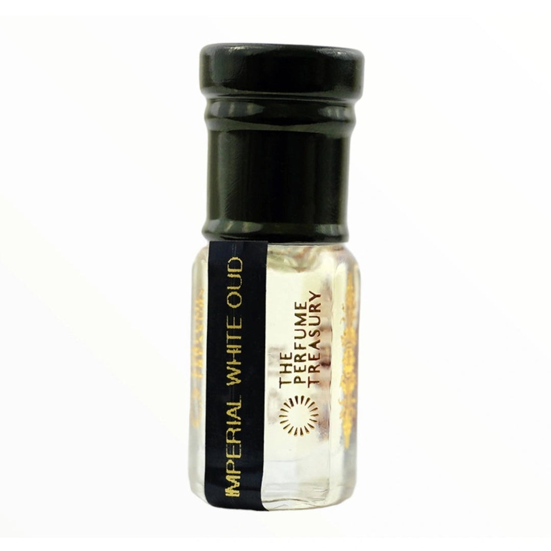 Imperial White Oud Attar Perfume Oil by The Perfume Treasury in a 3ml glass bottle with black cap against a clean white background.