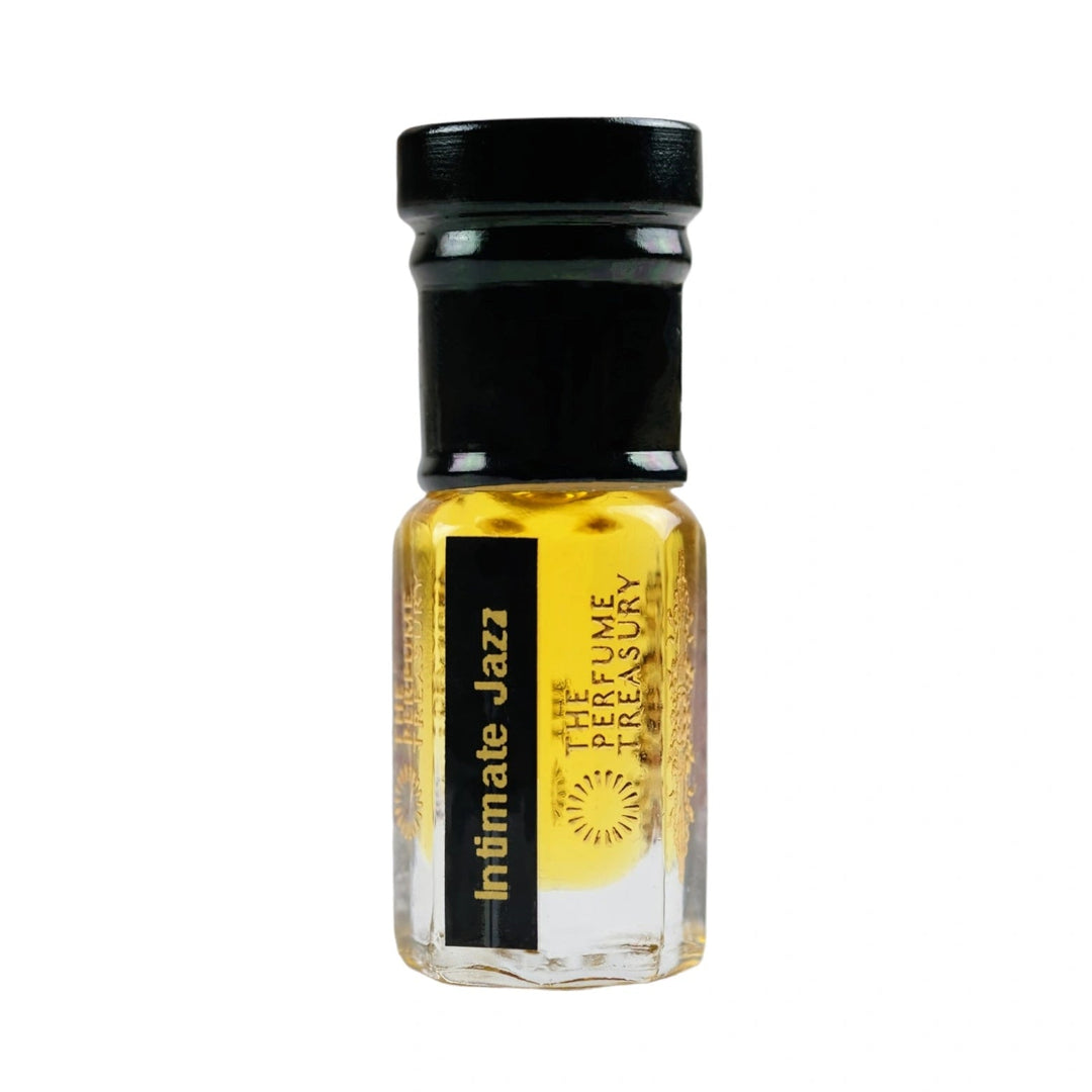 Intimate Jazz Perfume Oil by The Perfume Treasury in a 3ml glass bottle with golden perfume oil and black cap on a white background.