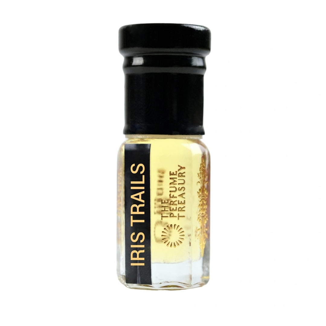 Iris Trails Perfume Oil by The Perfume Treasury in a 3ml glass bottle with golden perfume oil and black cap against a white background.