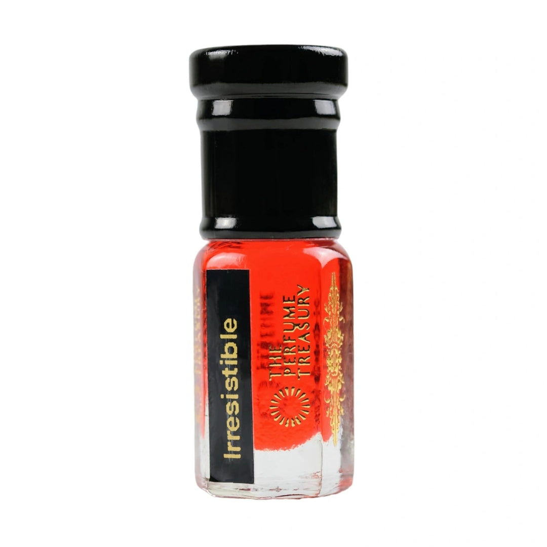 Irresistible Perfume Oil by The Perfume Treasury in a 3ml glass bottle with vibrant red fragrance oil and black cap on a white background