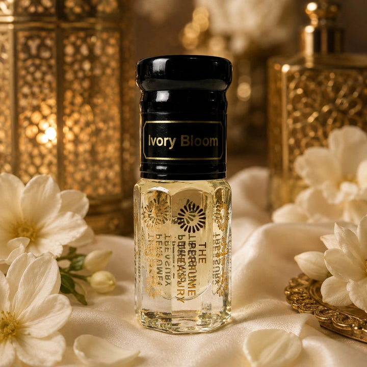 Ivory Bloom Perfume Oil by The Perfume Treasury displayed among ivory flowers, soft satin and warm golden lanterns in an elegant luxury setting.