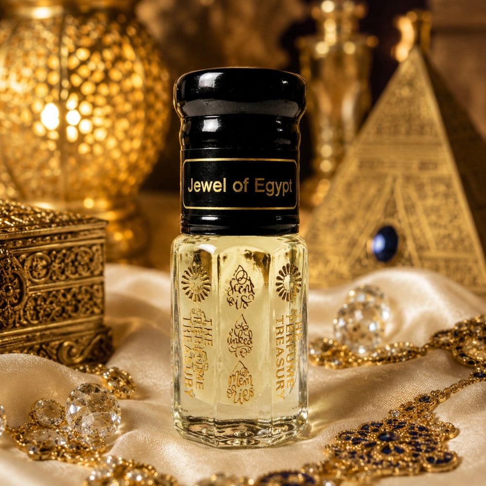 Jewel of Egypt Perfume Oil by The Perfume Treasury displayed with gold jewellery, crystals and Egyptian-inspired ornaments in a luxurious golden setting.