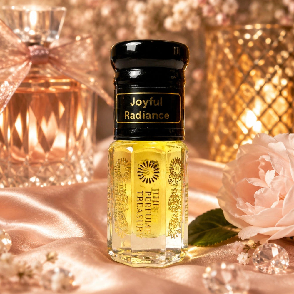 Joyful Radiance Perfume Oil by The Perfume Treasury displayed with pink flowers, satin, crystals and warm golden lighting in an elegant feminine setting.