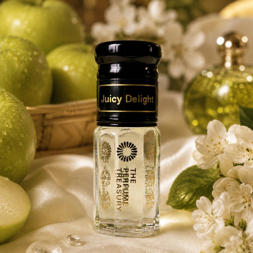 Juicy Delight Perfume Oil by The Perfume Treasury displayed with fresh green apples, white blossoms and soft satin in a bright fruity luxury setting.