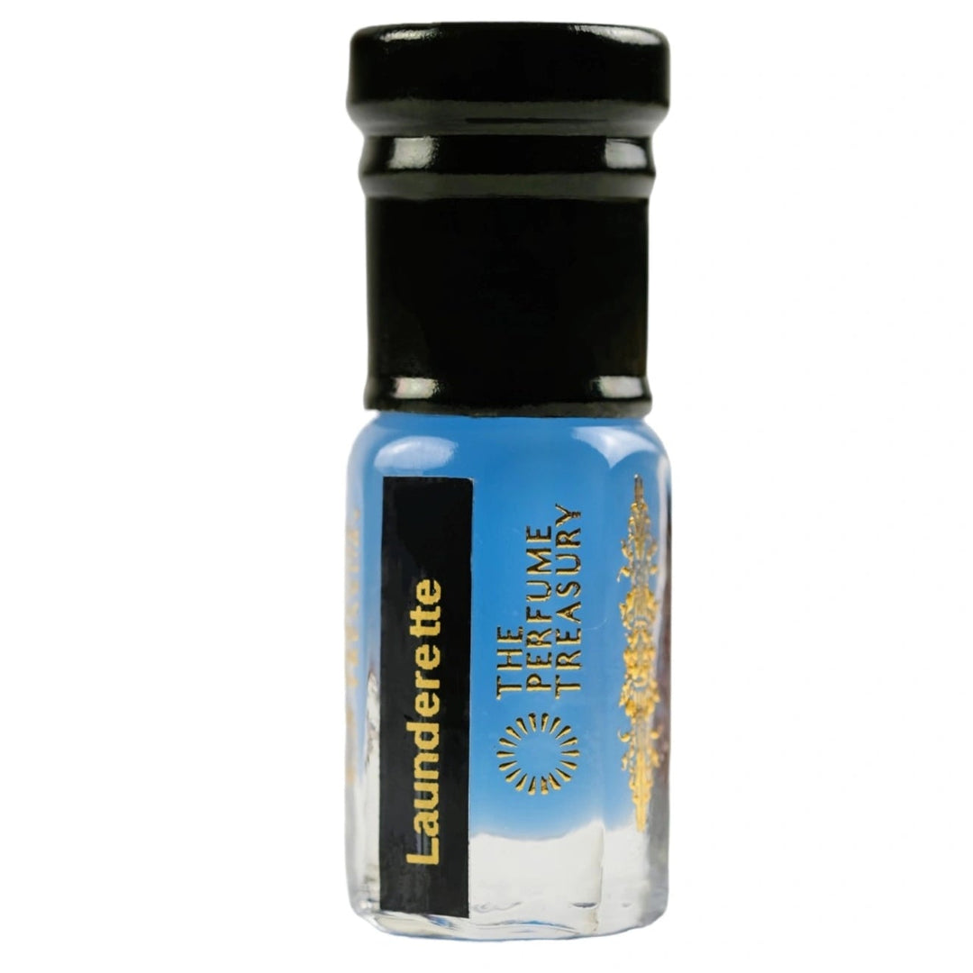 Launderette musk tahara perfume oil 3ml by The Perfume Treasury, clean laundry scent body musk in blue glass bottle on white background.